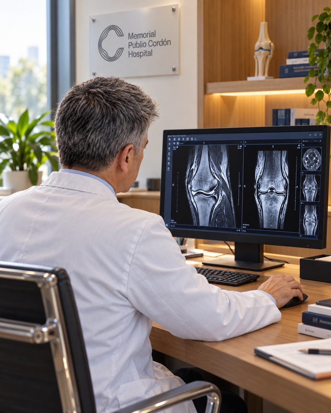 El doctor revisando una resonancia magnética de rodilla