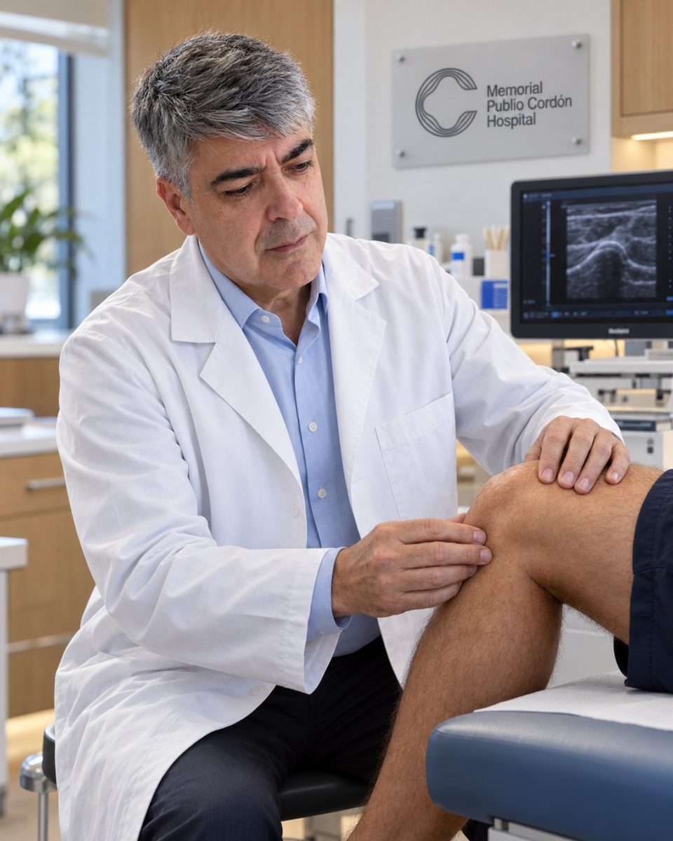 El doctor explorando la rodilla de un paciente en consulta